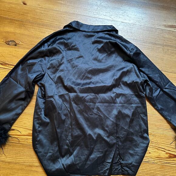 Shein black silk like collar button up feather cuff sleep shirt SIZE M - Picture 5 of 5